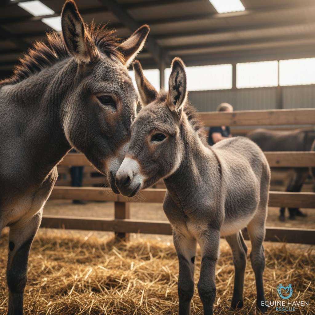 Picture of donkey and little foal in barn setting.
