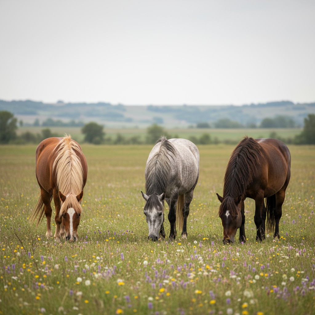 Three horses are grazing in a field of wildflowers.