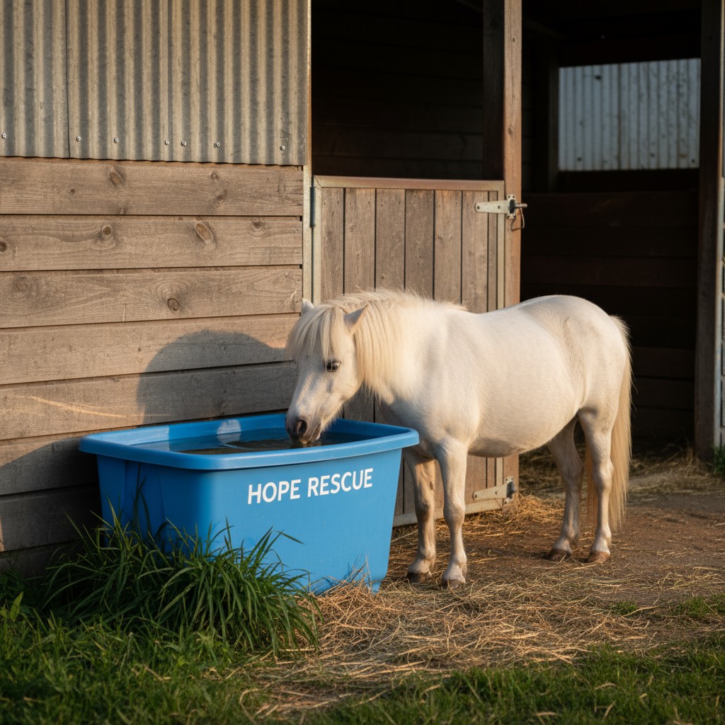 White dwarf horse drinking like a cat standing by barn door.